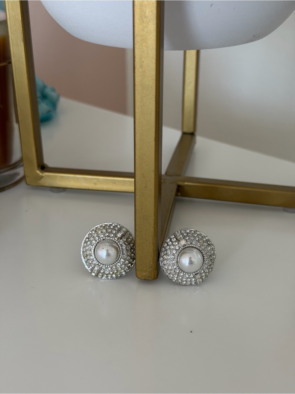 Vintage St. John Faux Pearl & Crystal Pave Clip-On Earrings - Designer Signed